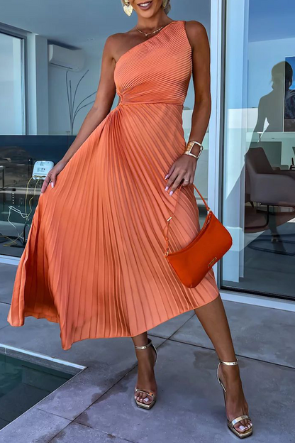 Sexy Solid Color Irregular Pleated Oblique Collar Fishtail Dresses(6 Colors) Orange