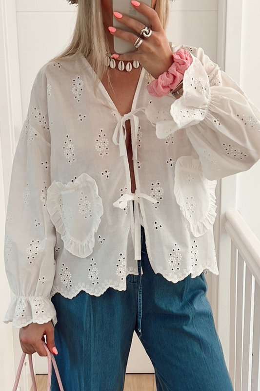 Casual Solid Color Hollow Out Lace Up Heart-shaped V Neck Blouses White