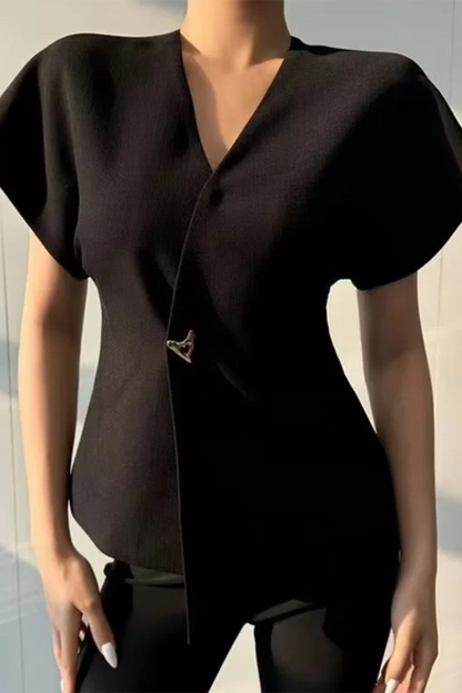 Casual Solid Color Metal Accessories Trim V Neck Tops Black