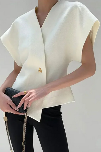 Casual Solid Color Metal Accessories Trim V Neck Tops White