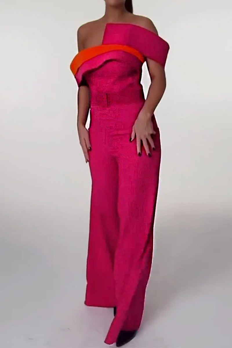 Sexy Colorblock Patchwork With Belt Irregular Contrast Strapless Regular Jumpsuits Rose Red