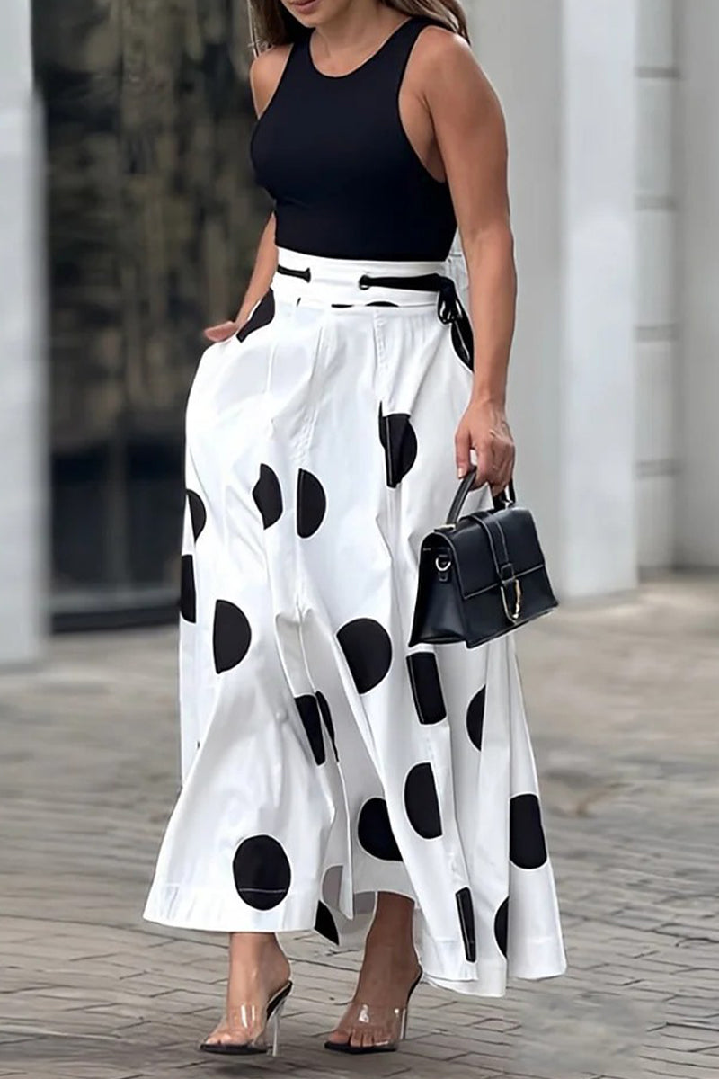 Street Elegant Polka Dot Print Lace Up Contrast O Neck Sleeveless Two Pieces Black And White