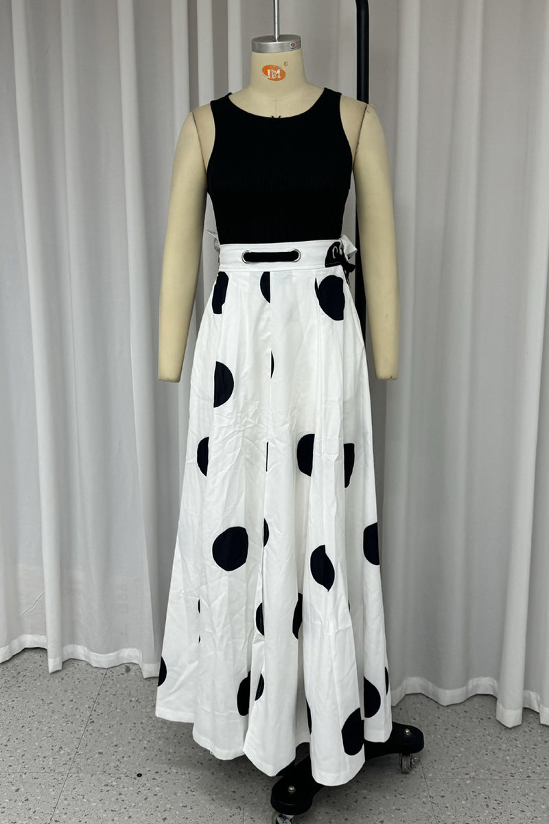 Street Elegant Polka Dot Print Lace Up Contrast O Neck Sleeveless Two Pieces