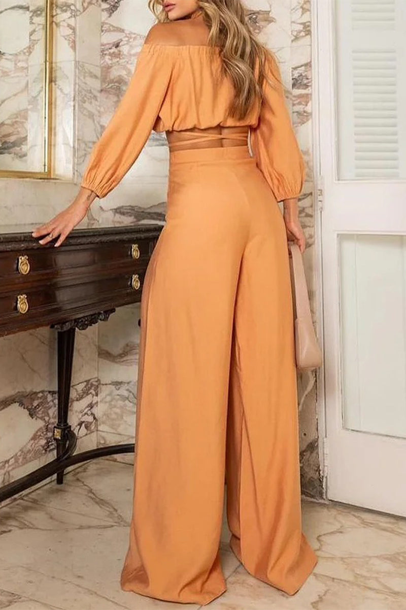 Sexy Solid Color Lace Up Off Shoulder Long Sleeve Two Pieces