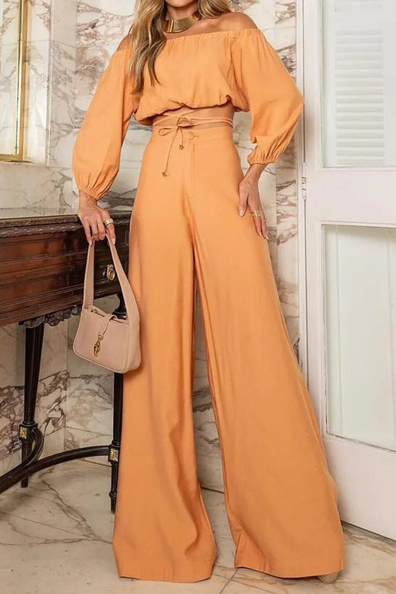 Sexy Solid Color Lace Up Off Shoulder Long Sleeve Two Pieces Orange