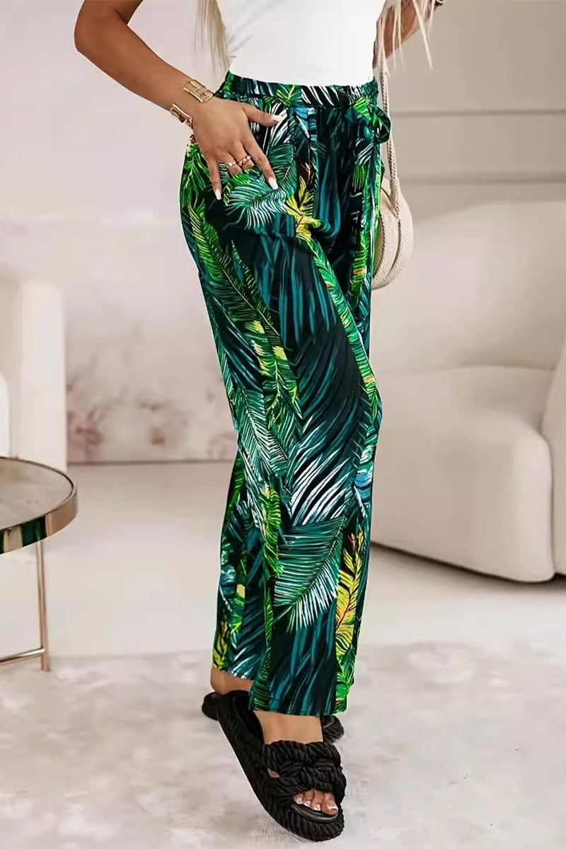 Casual Vacation Leaf Print Pocket Contrast Loose High Waist Straight Full Print Bottoms