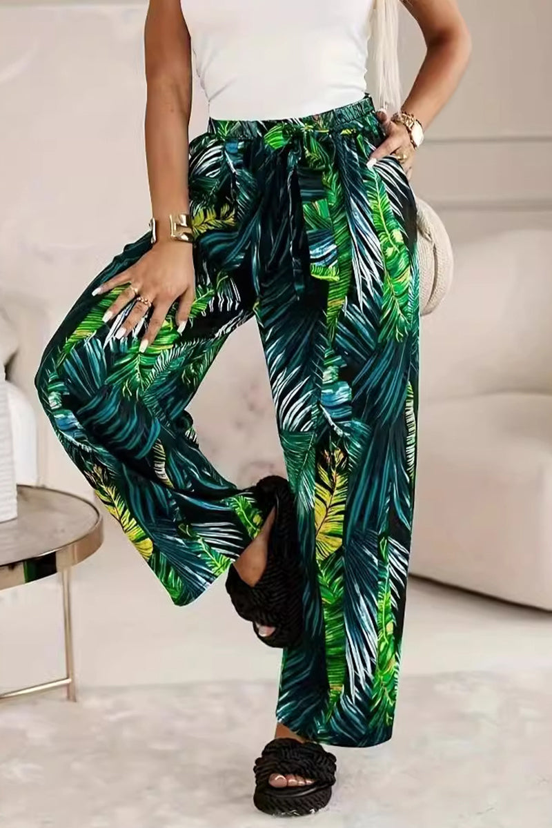 Casual Vacation Leaf Print Pocket Contrast Loose High Waist Straight Full Print Bottoms