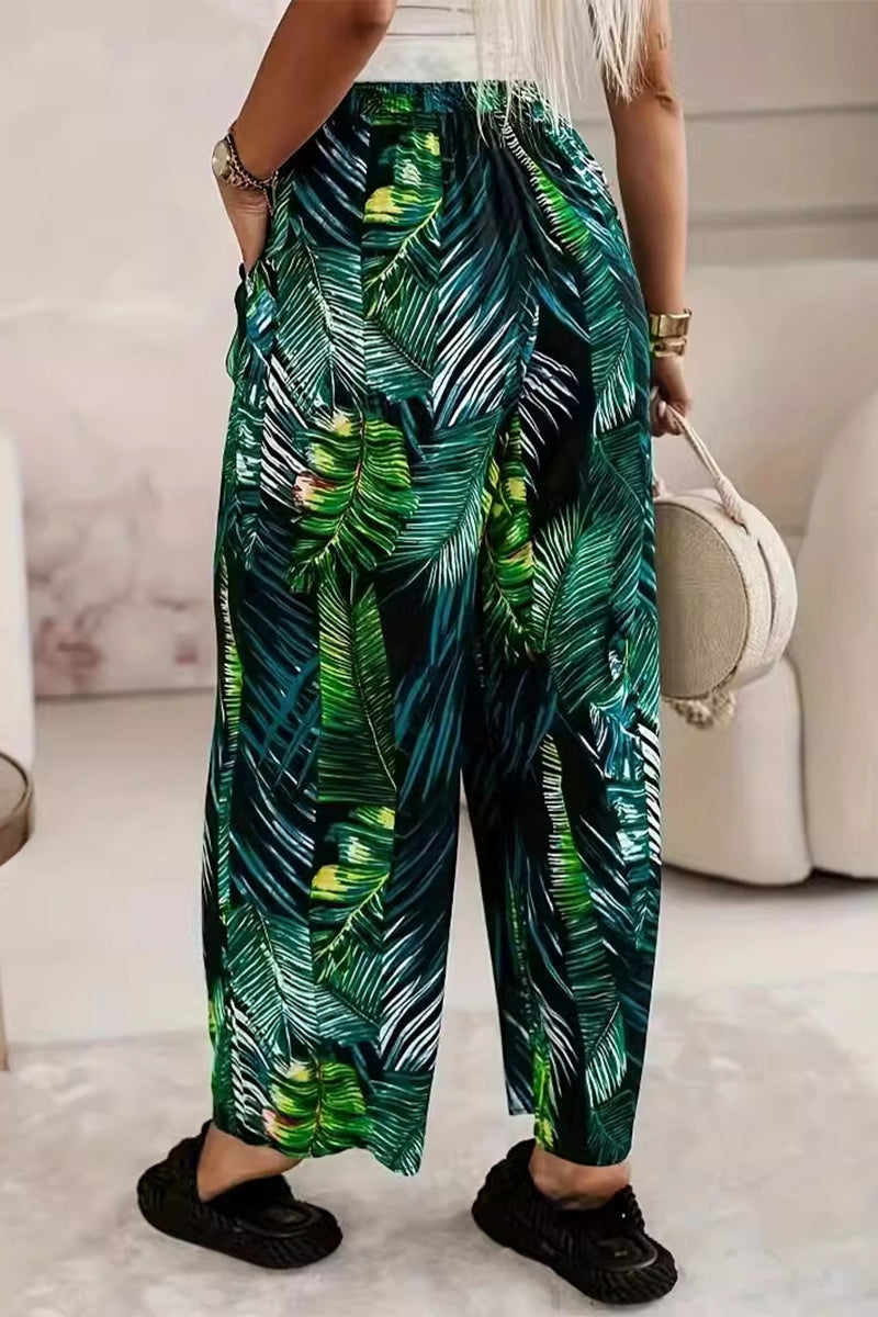 Casual Vacation Leaf Print Pocket Contrast Loose High Waist Straight Full Print Bottoms