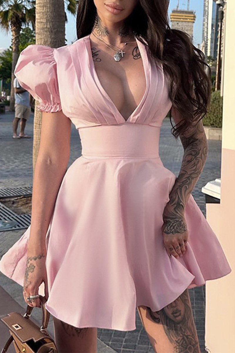 Sexy Solid Color Patchwork V Neck Waist Skirt Dresses Pink