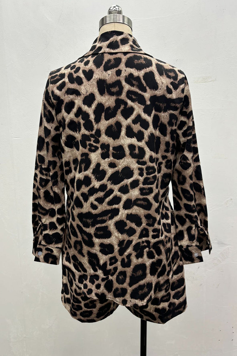 Casual Street Leopard Print Pocket Knotted Turndown Collar Long Sleeve Two Pieces