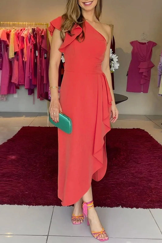 Elegant Solid Color Ruffle Slit Sloping Shoulder Irregular Dresses Orange