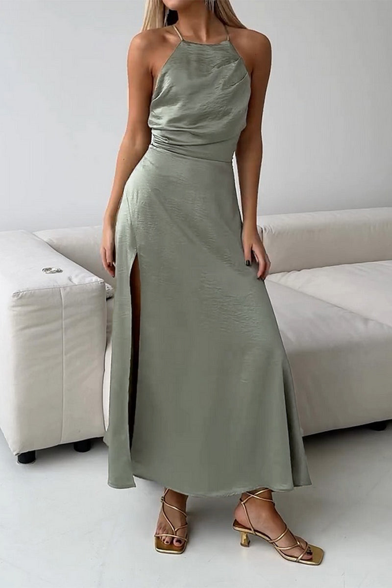 Sexy Solid Color Backless Slit Strap Design Halter Sleeveless Dresses