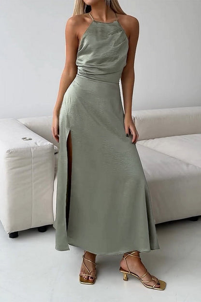 Sexy Solid Color Backless Slit Strap Design Halter Sleeveless Dresses