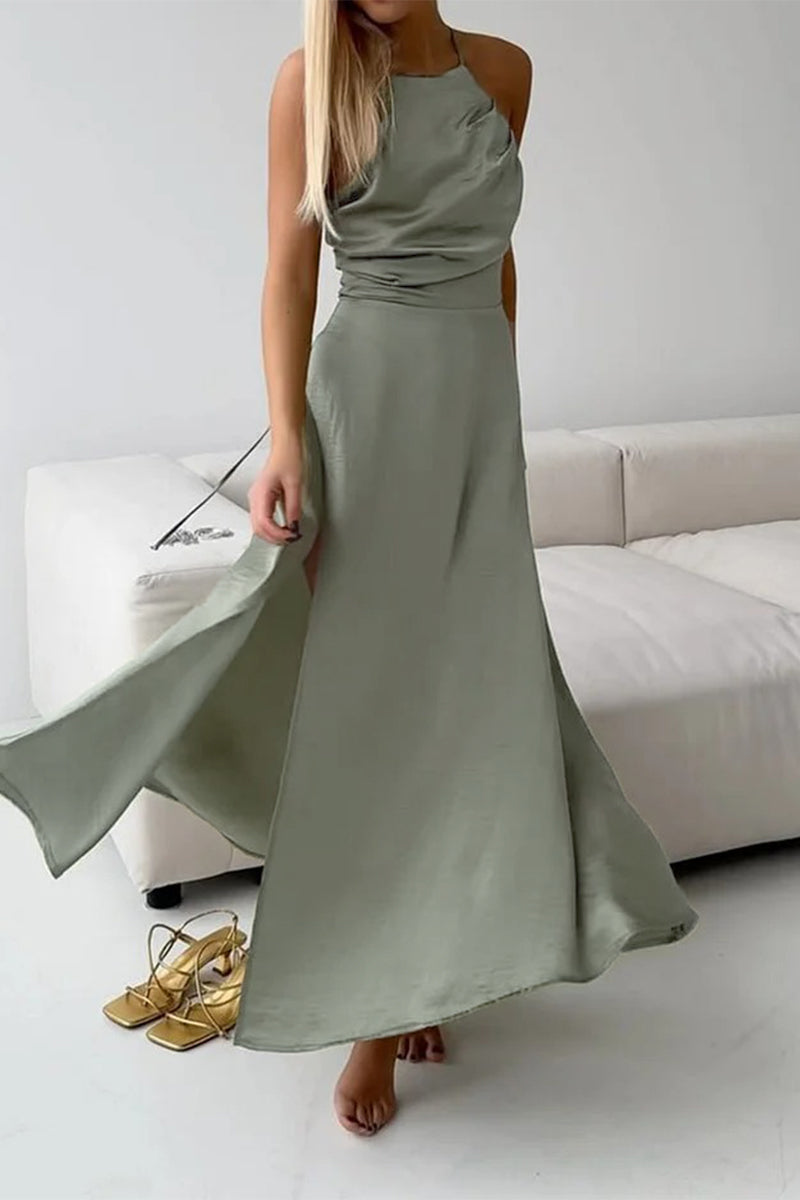 Sexy Solid Color Backless Slit Strap Design Halter Sleeveless Dresses Green