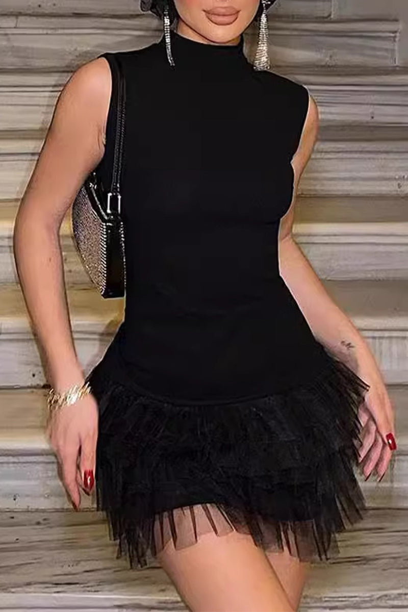 Sexy Celebrities Solid Color Mesh Mandarin Collar A Line Dresses Black