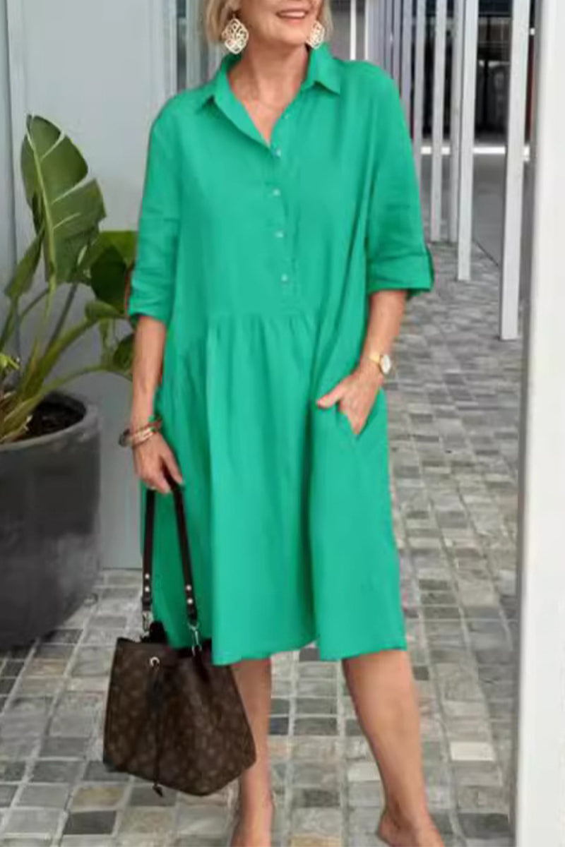 Casual Street Solid Color Pocket Buckle Turndown Collar A Line Dresses Green