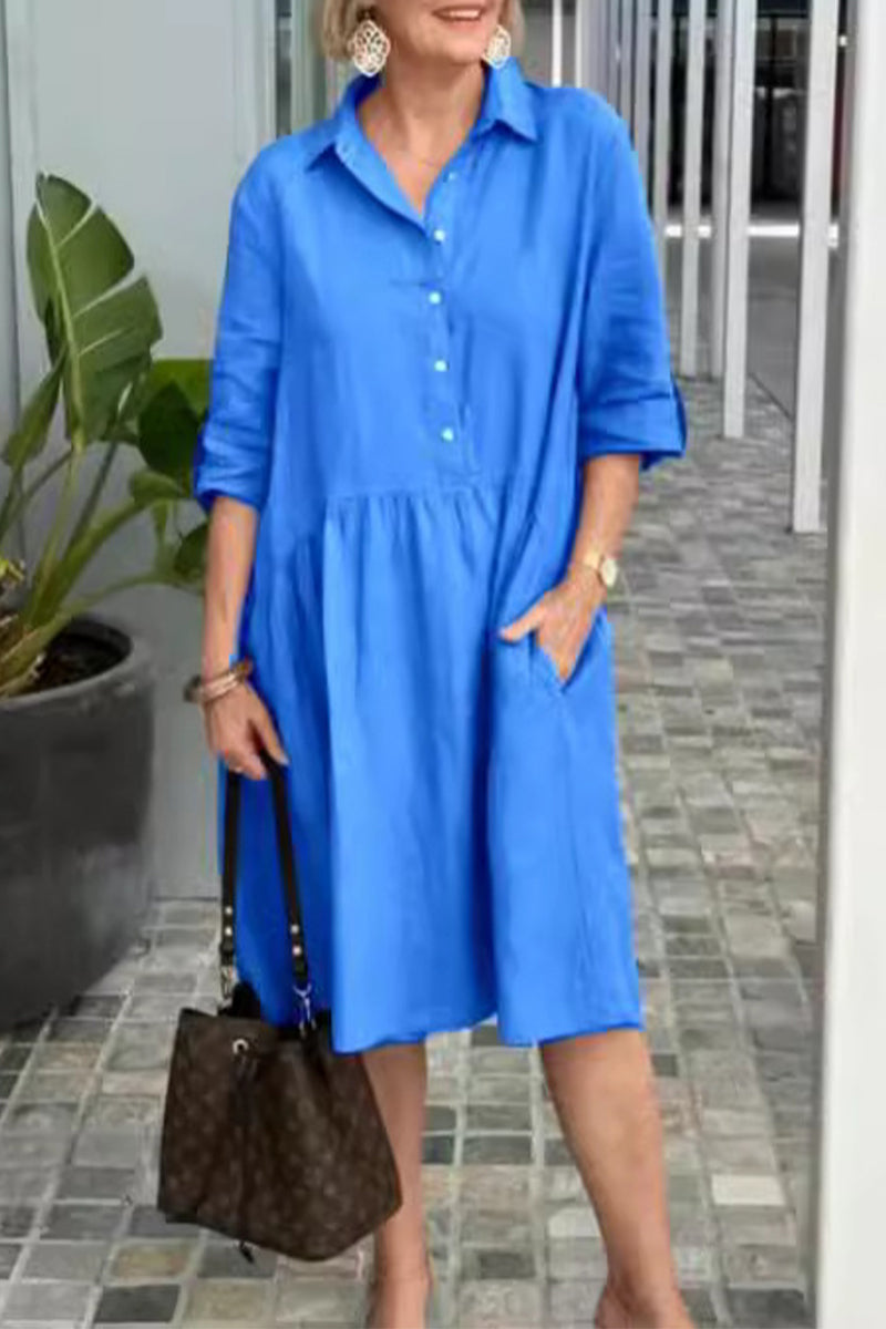 Casual Street Solid Color Pocket Buckle Turndown Collar A Line Dresses Blue