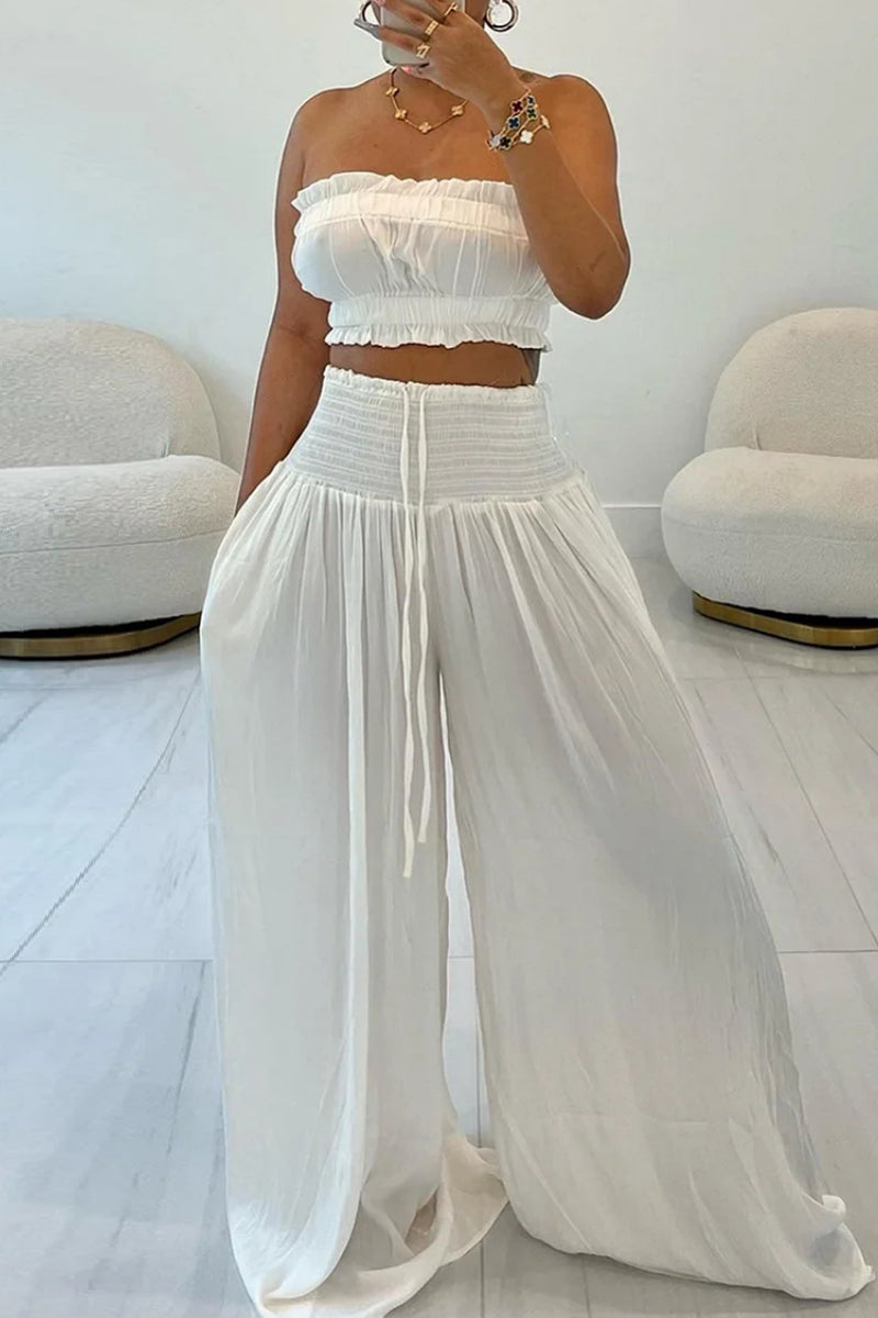 Sexy Casual Solid Color Backless Strapless Sleeveless Two Pieces White