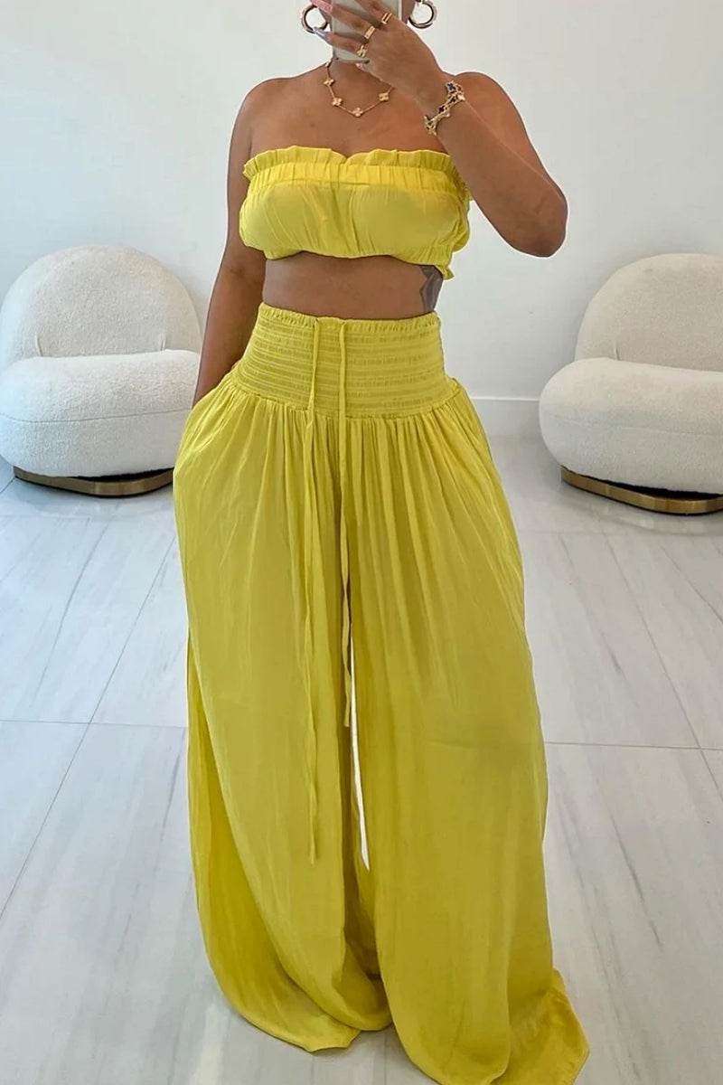 Sexy Casual Solid Color Backless Strapless Sleeveless Two Pieces Yellow