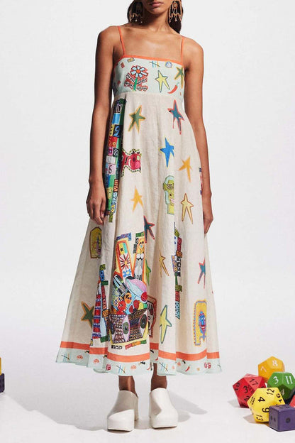 Casual Cartoon Print Patchwork Square Neck Sling Dresses Apricot