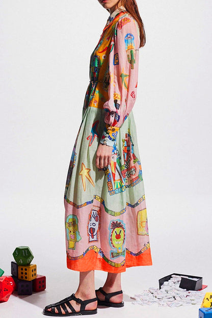 Elegant Graffiti Print Pocket Contrast Turndown Collar Printed Dresses