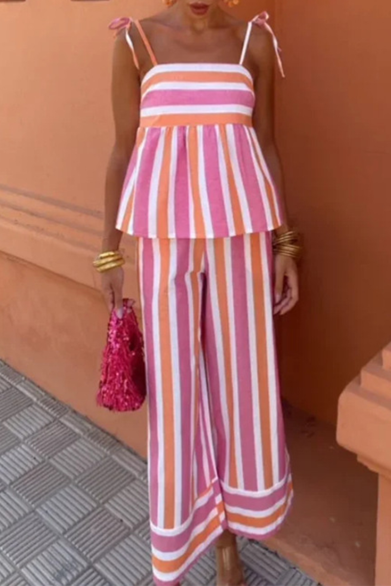 Casual Striped Print Contrast Square Neck Two Pieces Pink