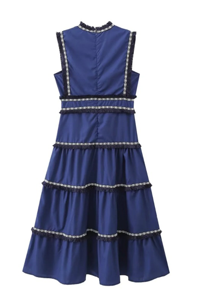 Elegant Solid Color Fringed Trim Patchwork V Neck Sleeveless Dresses