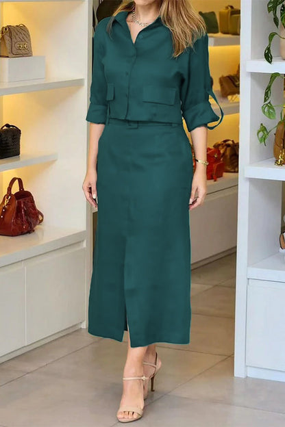 Street Elegant Solid Color Buttons Slit Turndown Collar Two Pieces Green