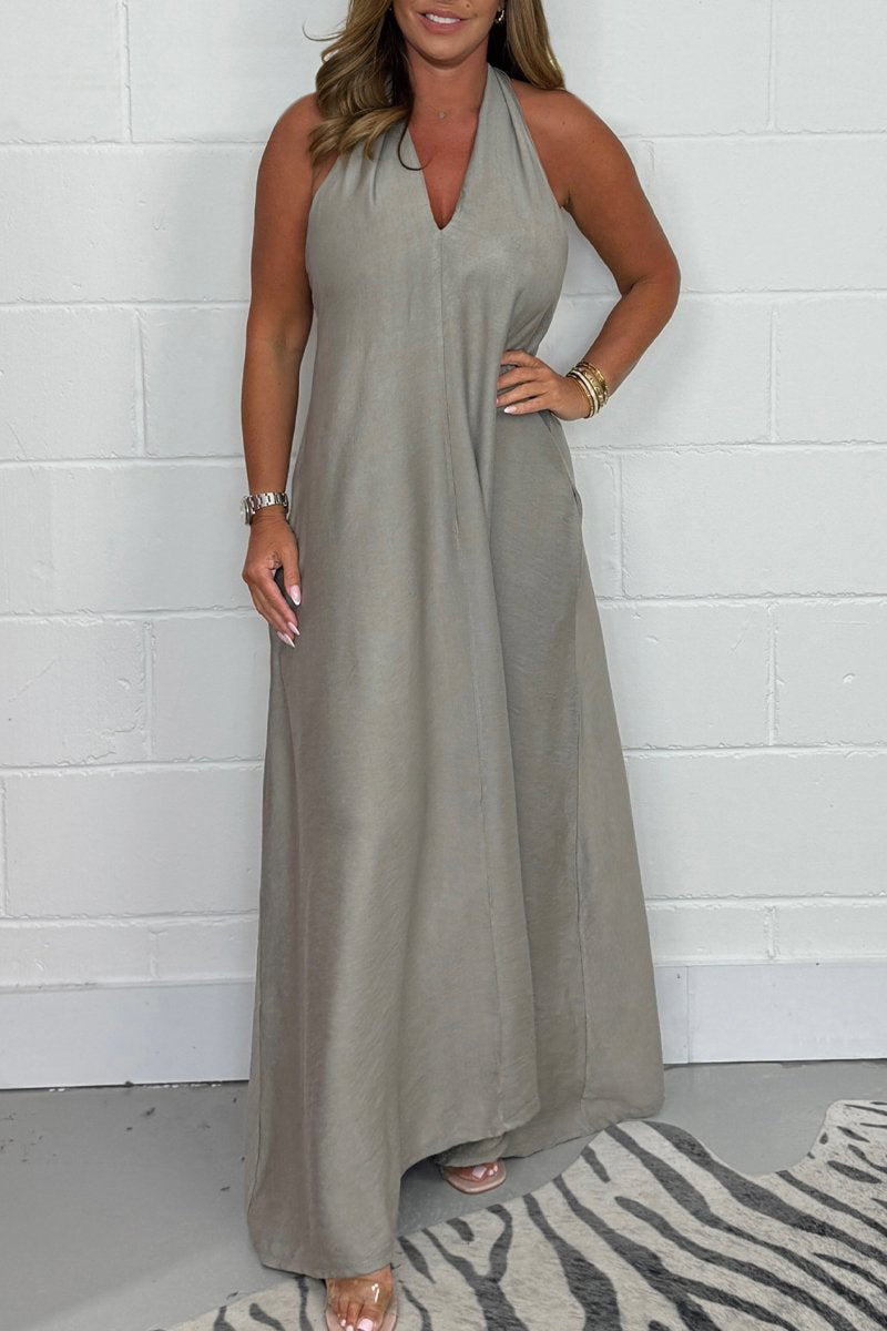 Daily Elegant Solid Color Distressed V Neck Sleeveless Dresses Grey