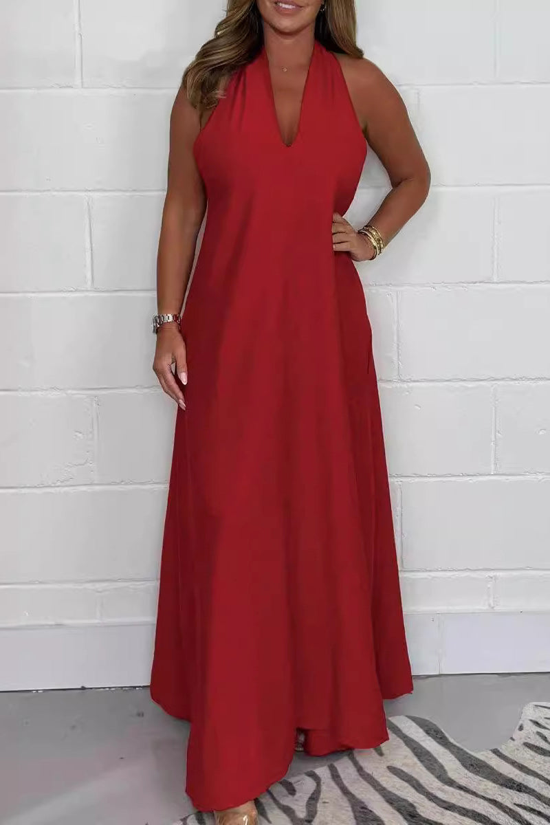 Daily Elegant Solid Color Distressed V Neck Sleeveless Dresses Burgundy