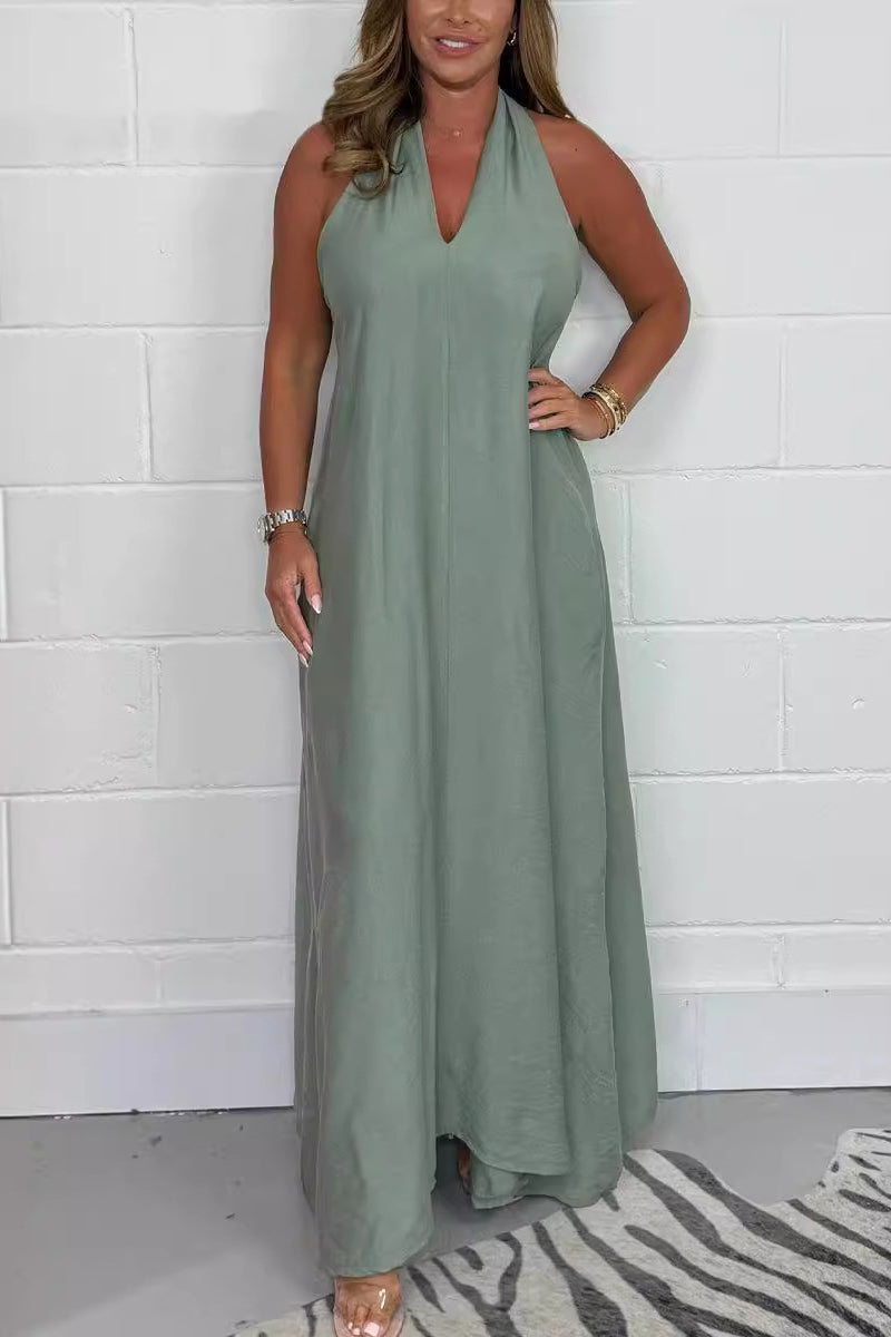 Daily Elegant Solid Color Distressed V Neck Sleeveless Dresses Green