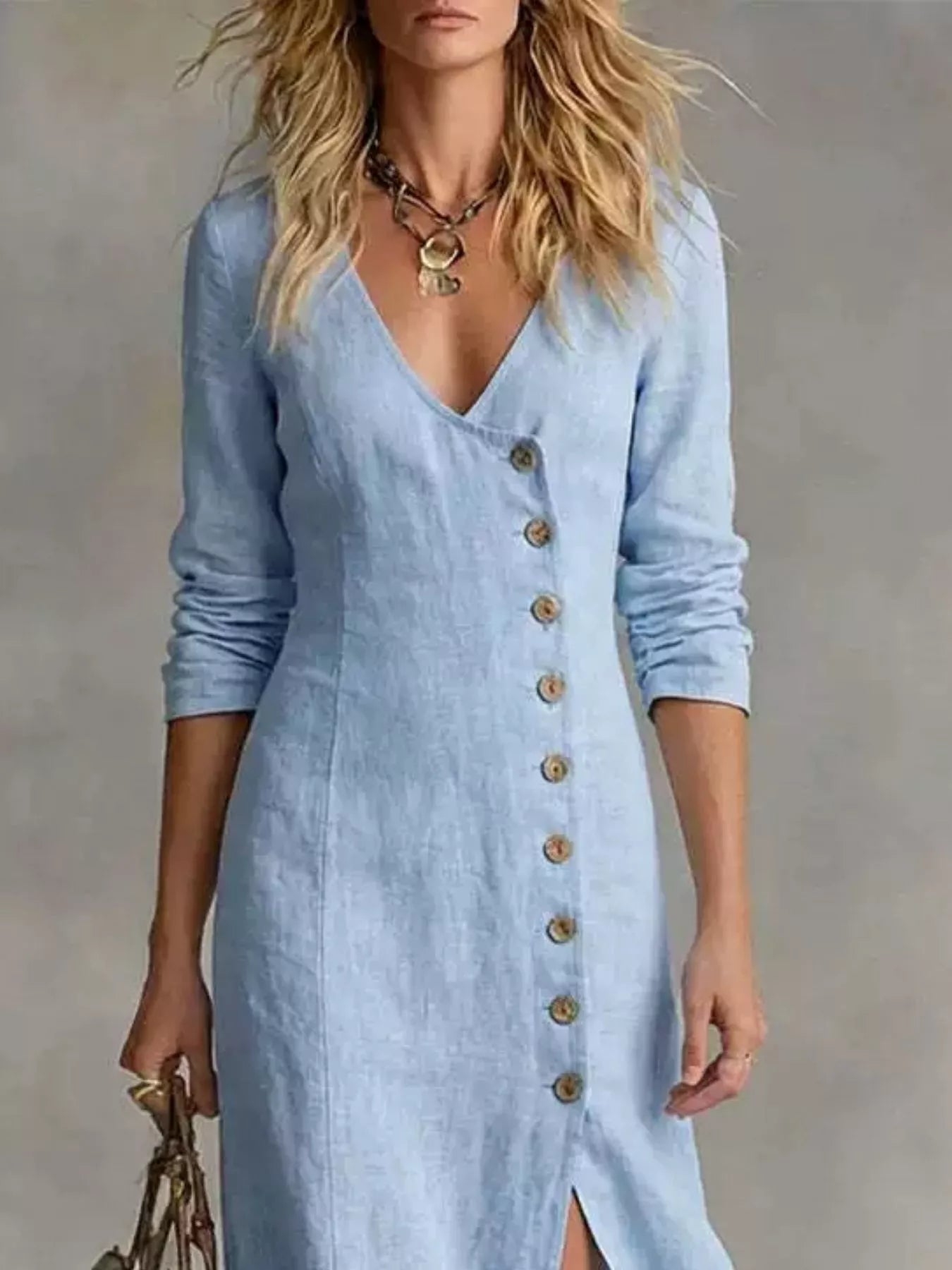 Slit Button-Down Midi Dress