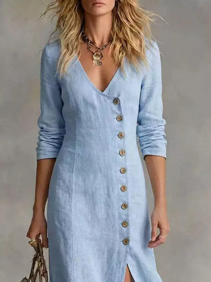 Slit Button-Down Midi Dress