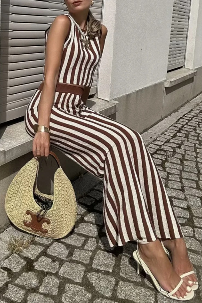 Casual Street Stripe Weave O Neck Sleeveless Two Pieces