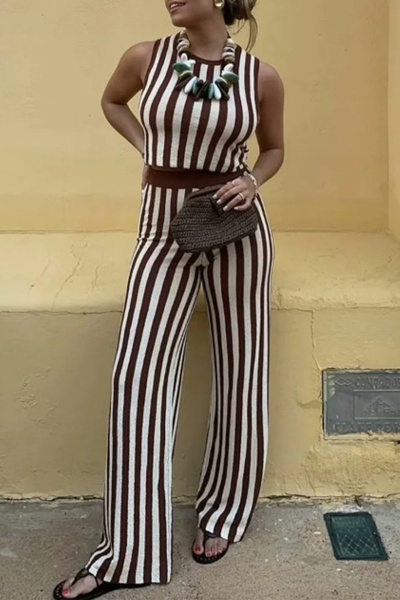 Casual Street Stripe Weave O Neck Sleeveless Two Pieces White Brown