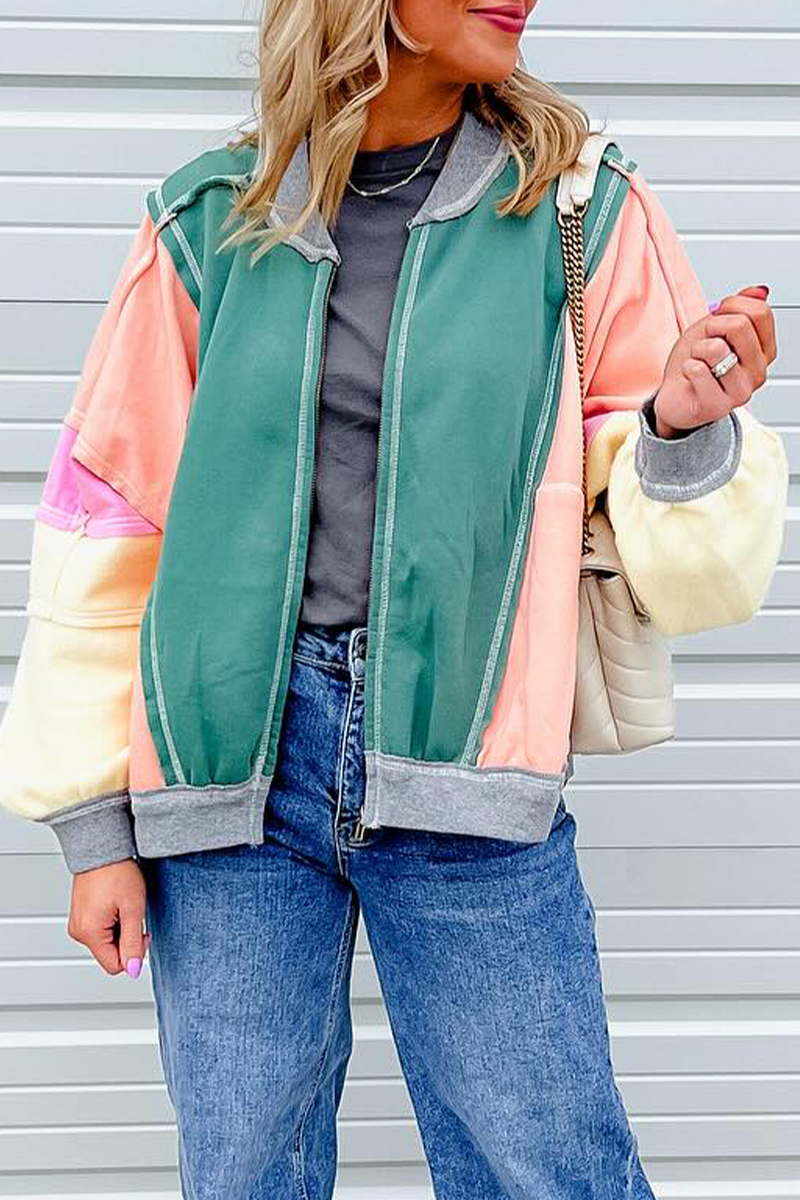 Casual Street Colorblock Distressed Patchwork Contrast O Neck Outerwear