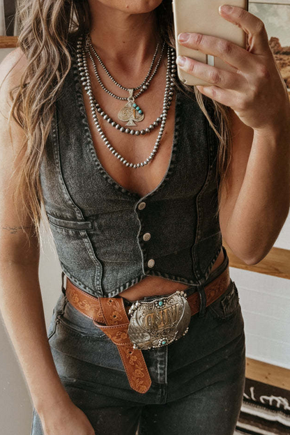 Sexy Hot Solid Color Distressed Buckle V Neck Sleeveless Regular Denim Jacket(3 Colors) Black