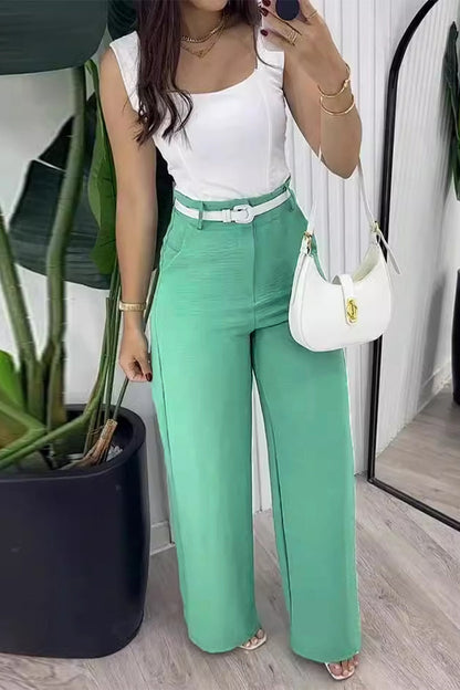 Casual Street Solid Color Lace Up Backless Without Belt Square Neck Sleeveless Two Pieces White Green