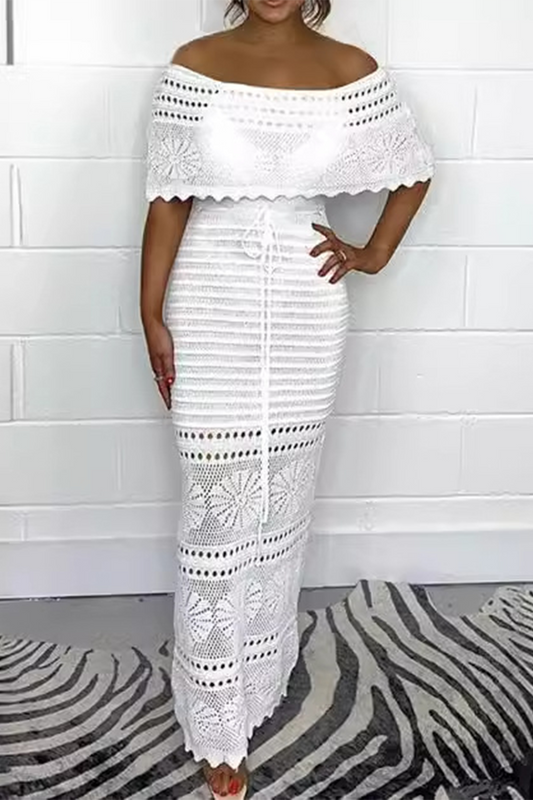 Sexy Solid Color Hollow Out Weave Off Shoulder One Step Skirt Dresses White