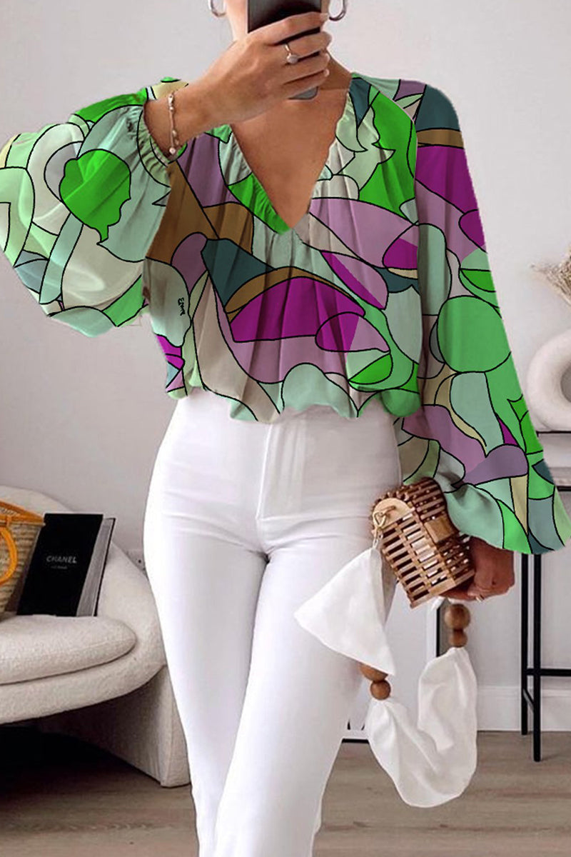 Elegant Colorblock Print Ruched V Neck Tops Multicolor