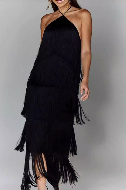 Sexy Solid Color Fringed Trim Backless Halter Sleeveless Dresses