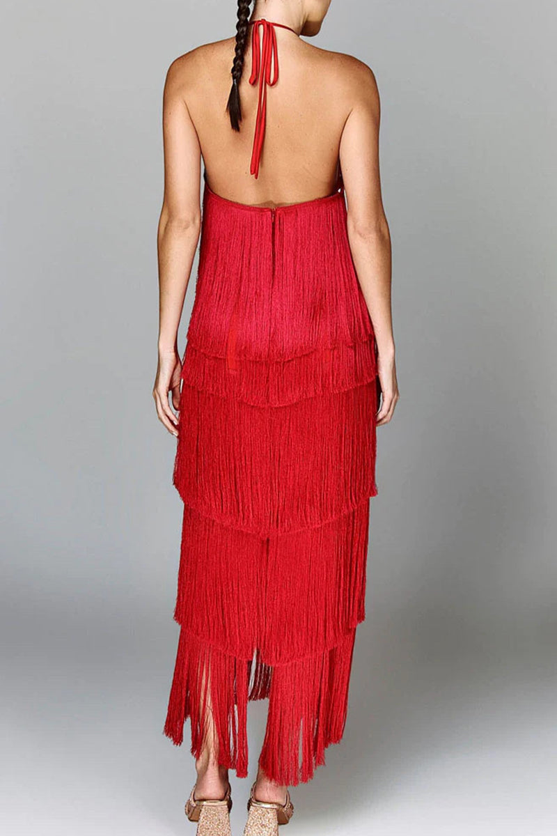 Sexy Solid Color Fringed Trim Backless Halter Sleeveless Dresses