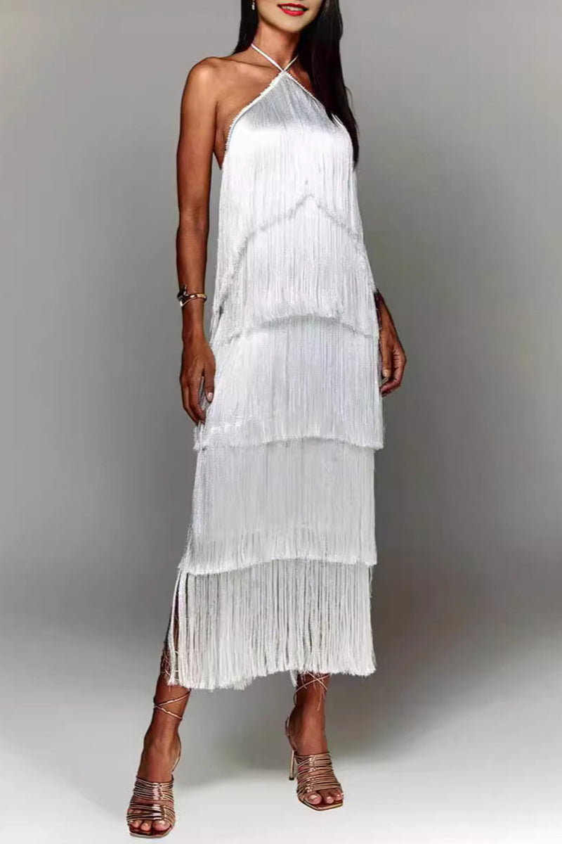 Sexy Solid Color Fringed Trim Backless Halter Sleeveless Dresses