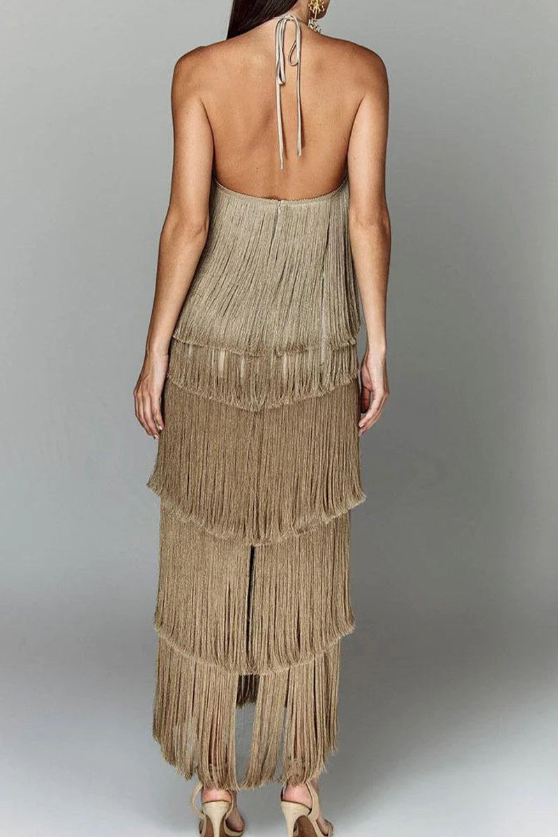 Sexy Solid Color Fringed Trim Backless Halter Sleeveless Dresses