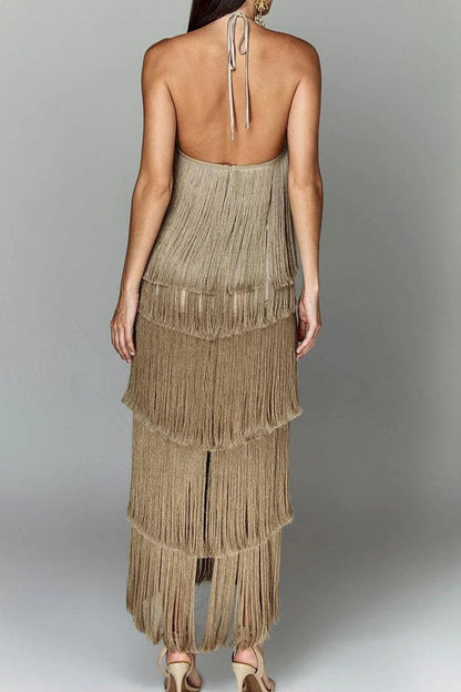 Sexy Solid Color Fringed Trim Backless Halter Sleeveless Dresses