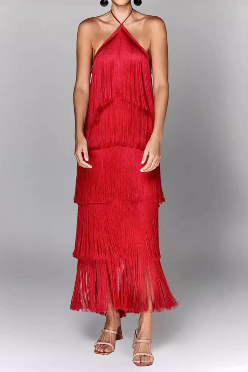 Sexy Solid Color Fringed Trim Backless Halter Sleeveless Dresses