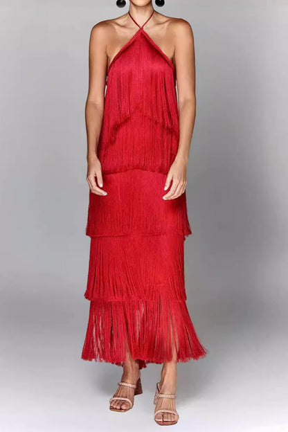 Sexy Solid Color Fringed Trim Backless Halter Sleeveless Dresses