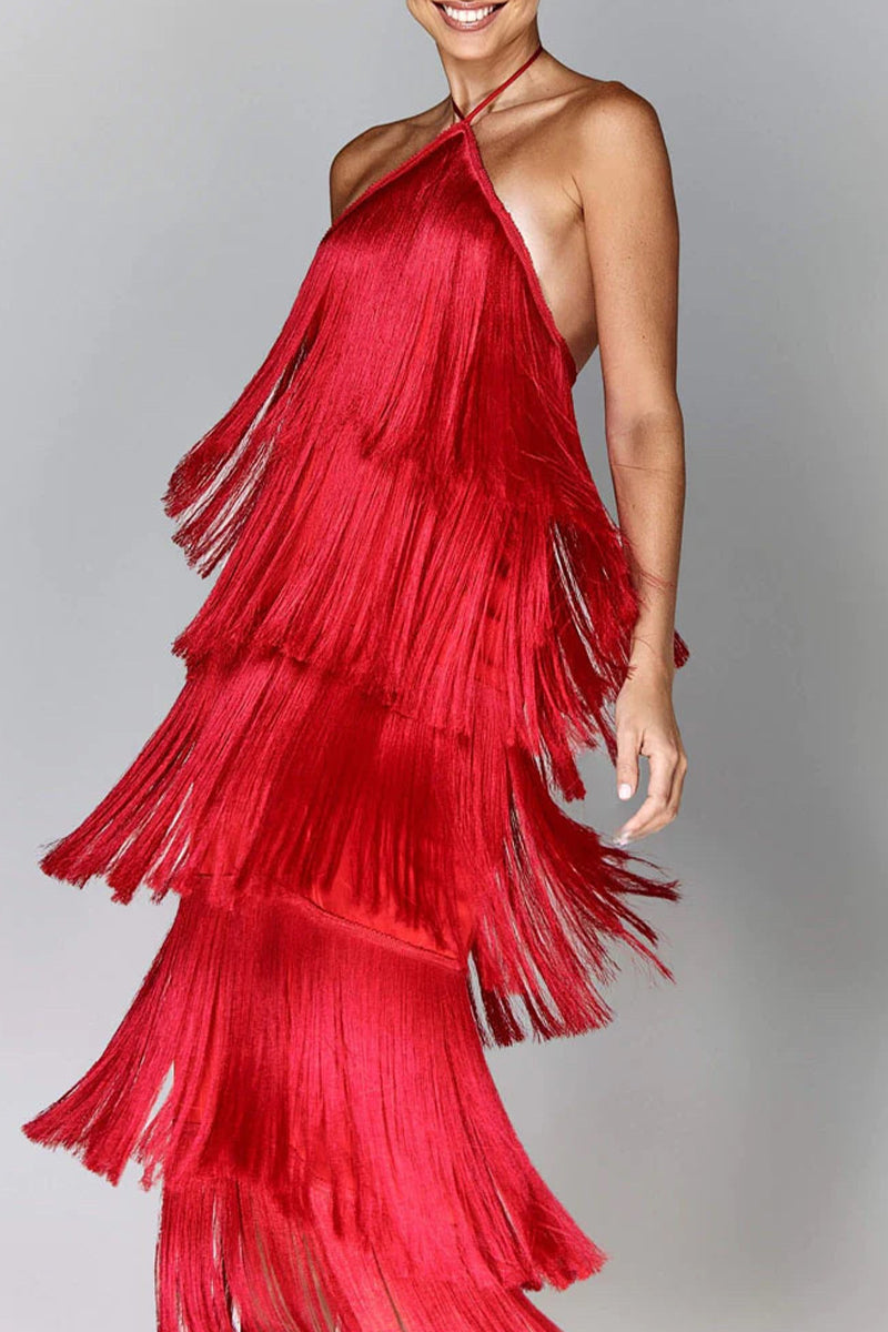 Sexy Solid Color Fringed Trim Backless Halter Sleeveless Dresses