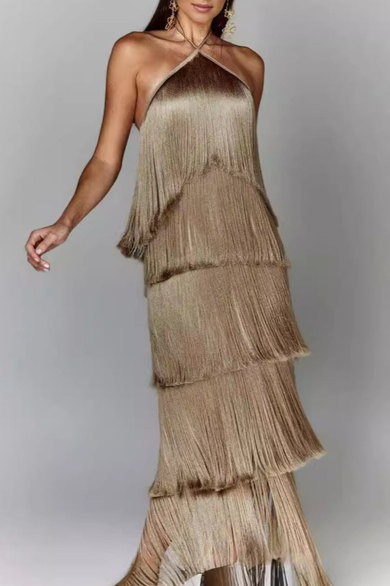 Sexy Solid Color Fringed Trim Backless Halter Sleeveless Dresses