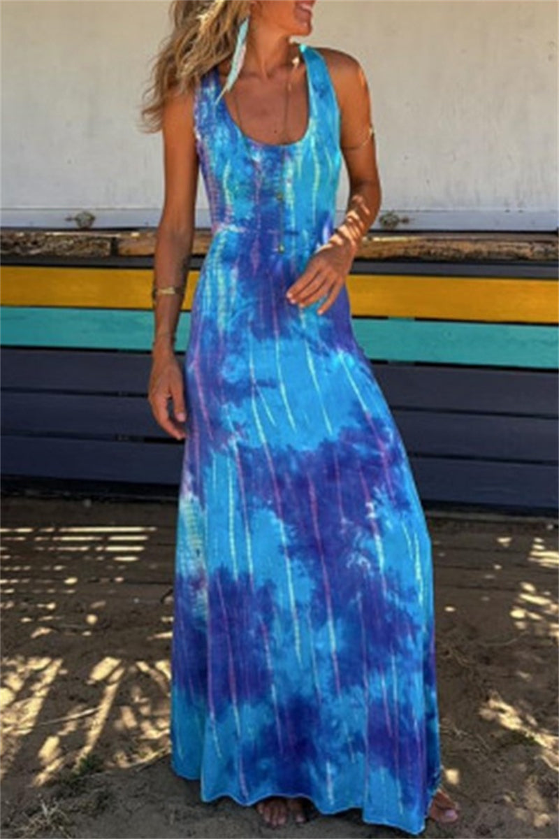 Casual Print Backless U Neck Long Dresses(3 Colors) Blue